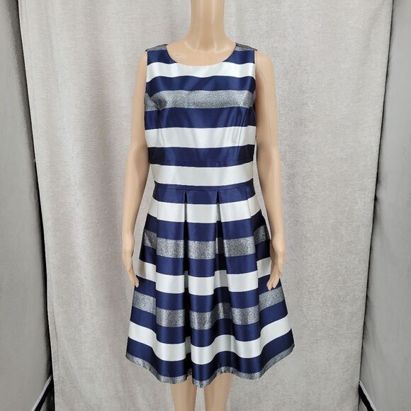 Eliza J Striped Crepe Fit & Flare Party Dress  Navy White Metallic Silver Pocket - Picture 3 of 13